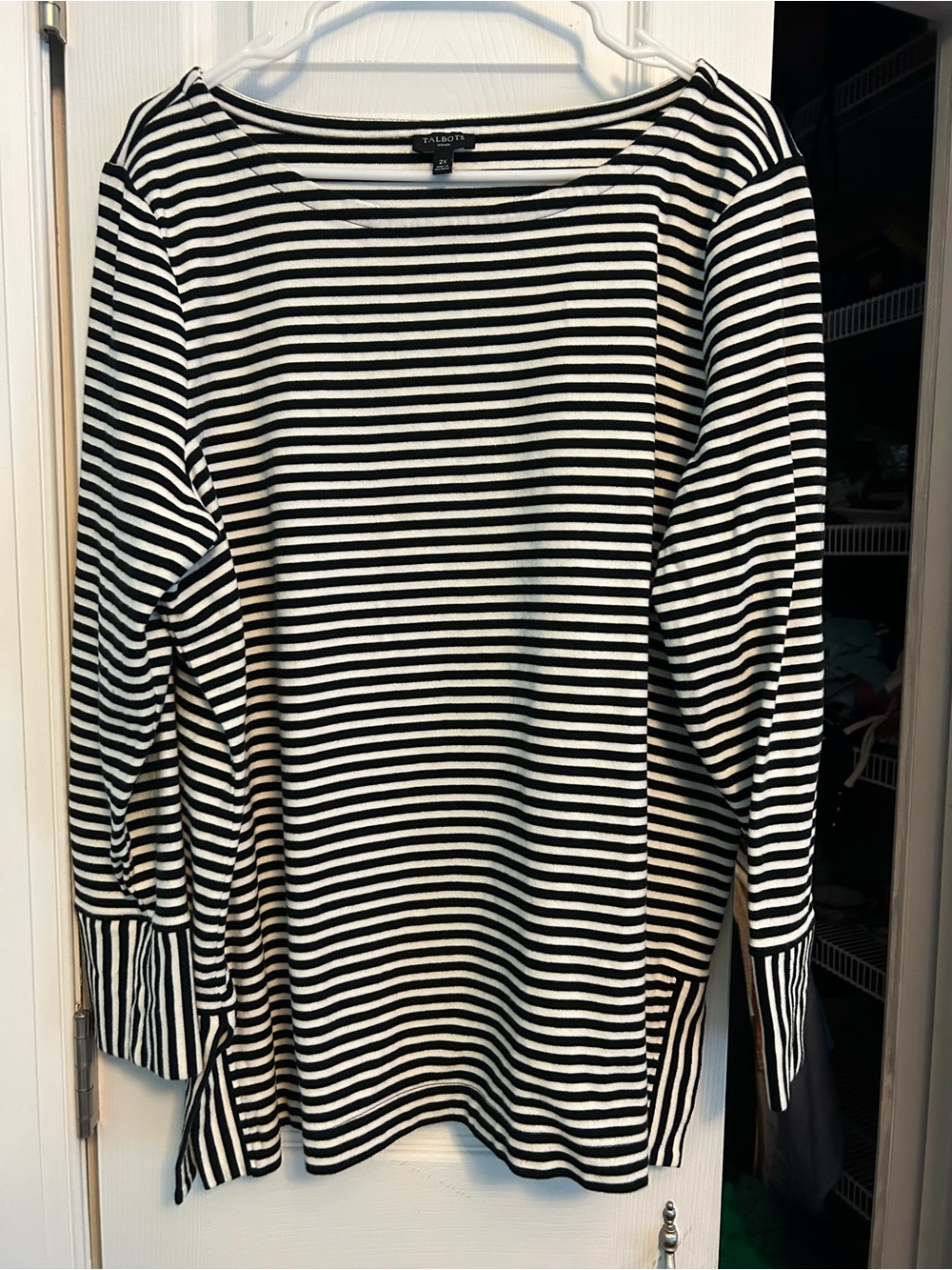 Talbots Black and White Striped Long-Sleeve Boatneck Top